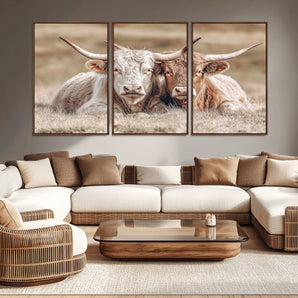 38651722-MGV-CV-36X24-Cow Wall Art – Rustic Longhorn Pair Canvas Print, Western Farmhouse Animal Painting, Country Ranch Decor for Living Room, Bedroom,