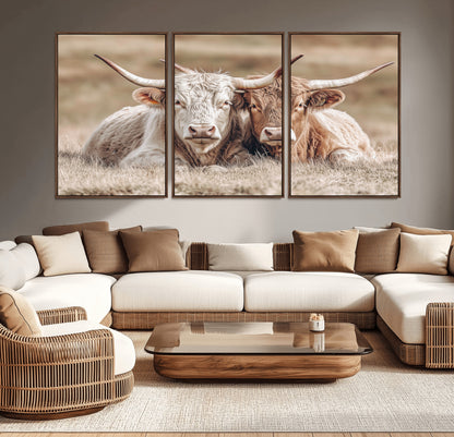 38651722-MGV-CV-36X24-Cow Wall Art – Rustic Longhorn Pair Canvas Print, Western Farmhouse Animal Painting, Country Ranch Decor for Living Room, Bedroom,