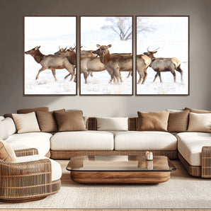 41416314-MGV-CV-36X24-Elk Wall Art – Wildlife Herd Canvas Print in Snowy Landscape, Rustic Nature Painting, Western Cabin Lodge Decor for Living Room,