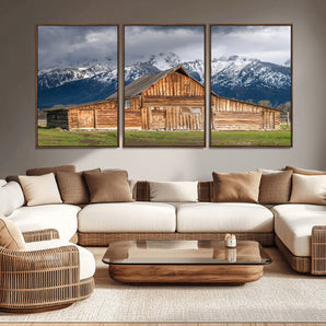 15173627-MGV-CV-36X24-Barn Wall Art – Rustic Wooden Cabin Canvas Print with Snowy Mountain Landscape, Western Farmhouse Country Decor for Living Room,