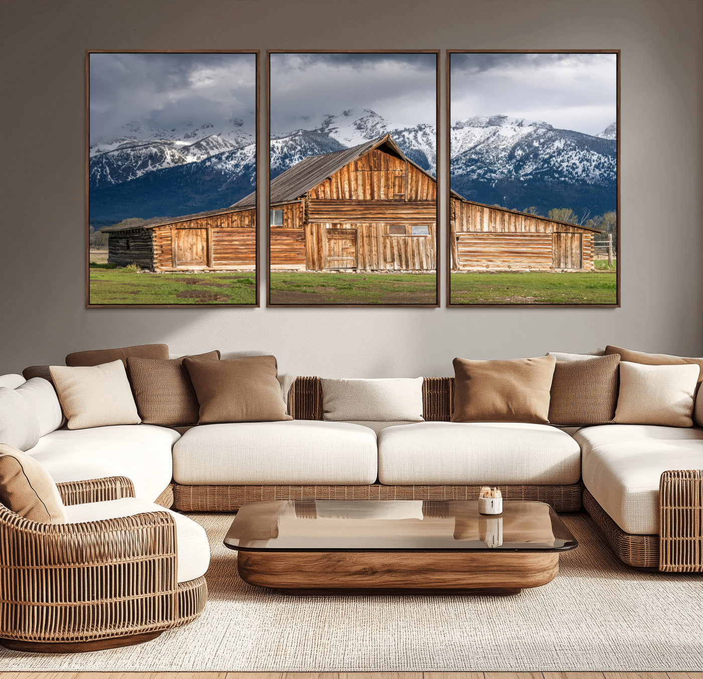 15173627-MGV-CV-36X24-Barn Wall Art – Rustic Wooden Cabin Canvas Print with Snowy Mountain Landscape, Western Farmhouse Country Decor for Living Room,