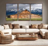 15173627-MGV-CV-36X24-Barn Wall Art – Rustic Wooden Cabin Canvas Print with Snowy Mountain Landscape, Western Farmhouse Country Decor for Living Room,