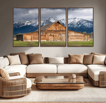 15173627-MGV-CV-36X24-Barn Wall Art – Rustic Wooden Cabin Canvas Print with Snowy Mountain Landscape, Western Farmhouse Country Decor for Living Room,