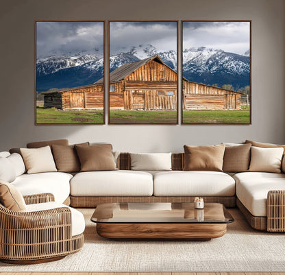 15173627-MGV-CV-36X24-Barn Wall Art – Rustic Wooden Cabin Canvas Print with Snowy Mountain Landscape, Western Farmhouse Country Decor for Living Room,