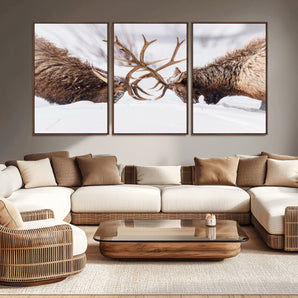99240306-MGV-CV-36X24-Elk Wall Art – Two Bull Elk Fighting in Snow Canvas Print, Rustic Wildlife Artwork for Cabin, Lodge, Western Farmhouse, Nature &