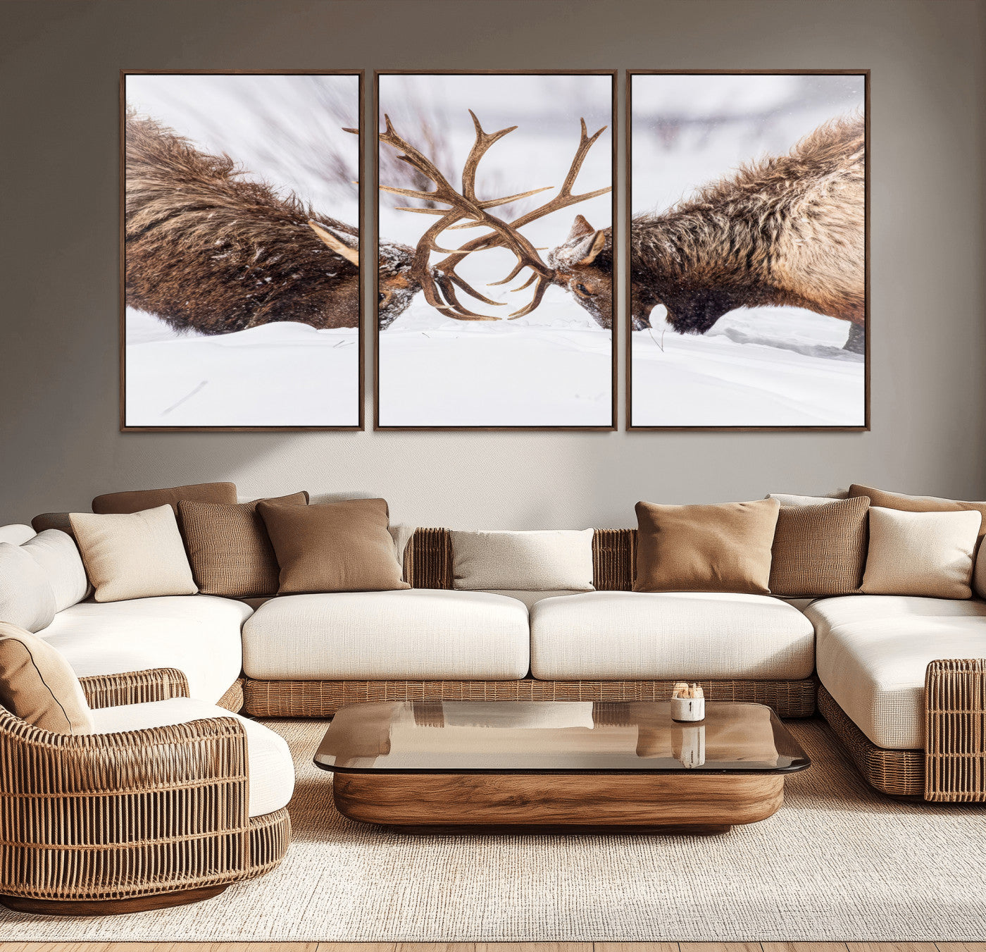 99240306-MGV-CV-36X24-Elk Wall Art – Two Bull Elk Fighting in Snow Canvas Print, Rustic Wildlife Artwork for Cabin, Lodge, Western Farmhouse, Nature &
