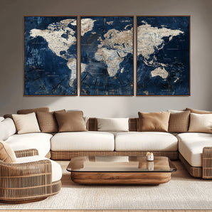 83103453-MGV-CV-36X24-Rustic Blue World Map Wall Art – Vintage Style Travel Decor – Large Canvas Map with Wood Texture Background for Office, Study, or