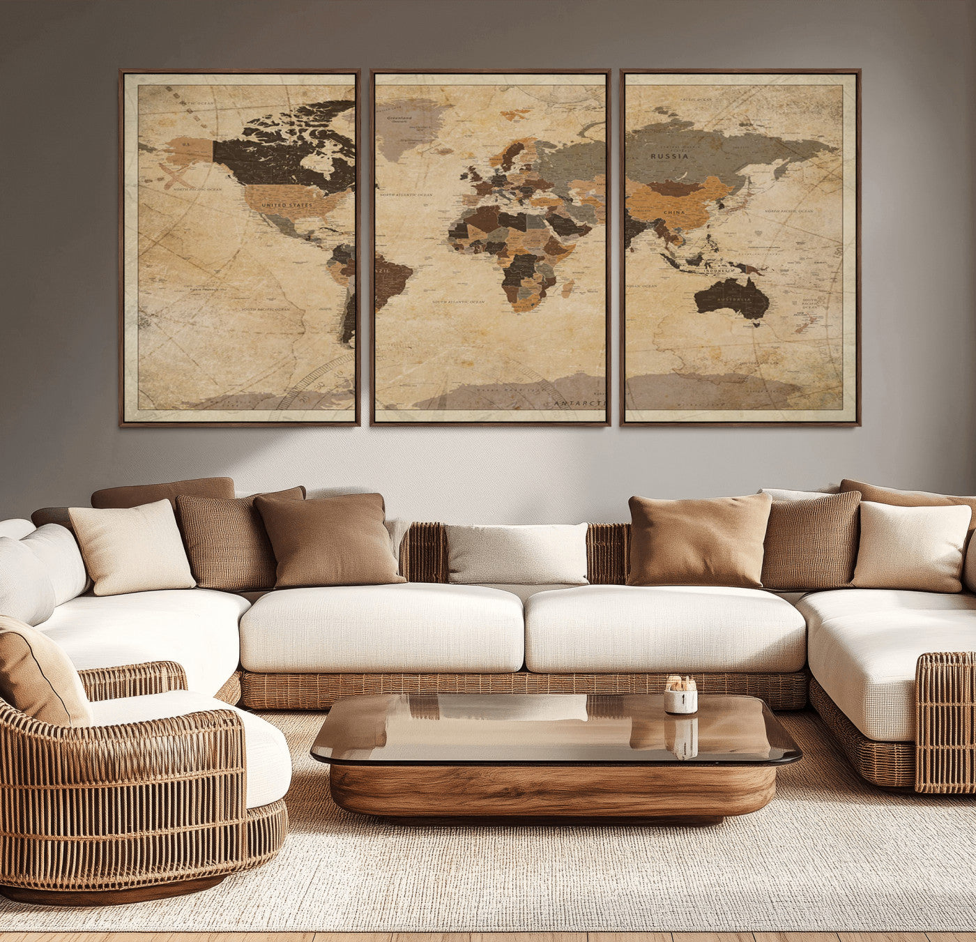 56103352-MGV-CV-36X24-Vintage Sepia World Map Wall Art – Antique Style Explorer Atlas – Rustic Brown and Tan Canvas for Study, Office, Living Room, or