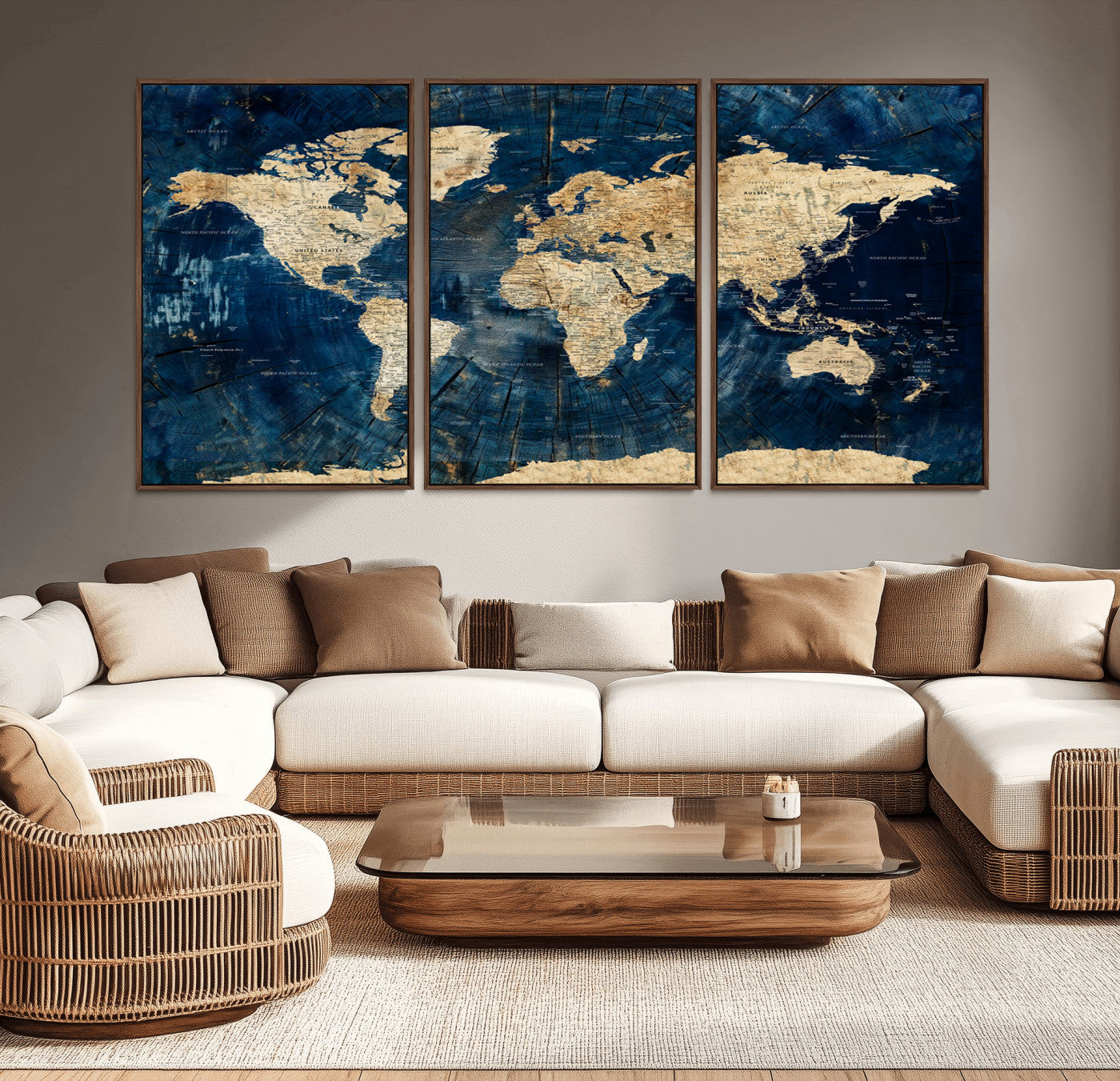 73616895-MGV-CV-36X24-Navy Blue and Gold World Map Wall Art – Rustic Explorer Atlas Distressed Canvas – Vintage Inspired Statement Decor for Home or