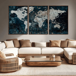 34425609-MGV-CV-36X24-World Map Wall Art – Rustic Navy and Grey Atlas Canvas Print, Distressed Explorer Map Artwork, Industrial Style Decor for Office,
