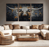 93195031-MGV-CV-36X24-Dark Longhorn Bull Wall Art – Western Steer Canvas Print, Moody Rustic Animal Painting for Man Cave, Ranch House, Office or Modern