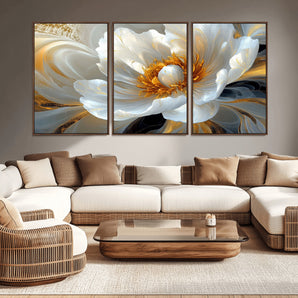 39604126-MGV-CV-36X24-Abstract Flower Wall Art – Elegant White and Gold Bloom Canvas Print, Modern Floral Artwork for Bedroom, Living Room, or Office
