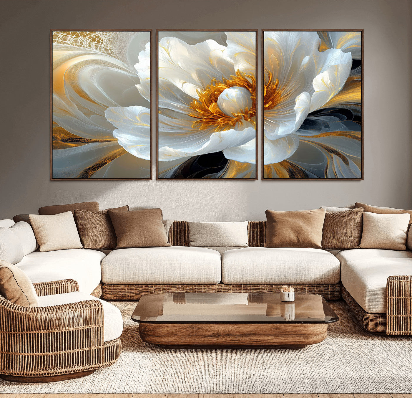39604126-MGV-CV-36X24-Abstract Flower Wall Art – Elegant White and Gold Bloom Canvas Print, Modern Floral Artwork for Bedroom, Living Room, or Office