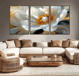 39604126-MGV-CV-36X24-Abstract Flower Wall Art – Elegant White and Gold Bloom Canvas Print, Modern Floral Artwork for Bedroom, Living Room, or Office