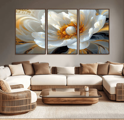39604126-MGV-CV-36X24-Abstract Flower Wall Art – Elegant White and Gold Bloom Canvas Print, Modern Floral Artwork for Bedroom, Living Room, or Office