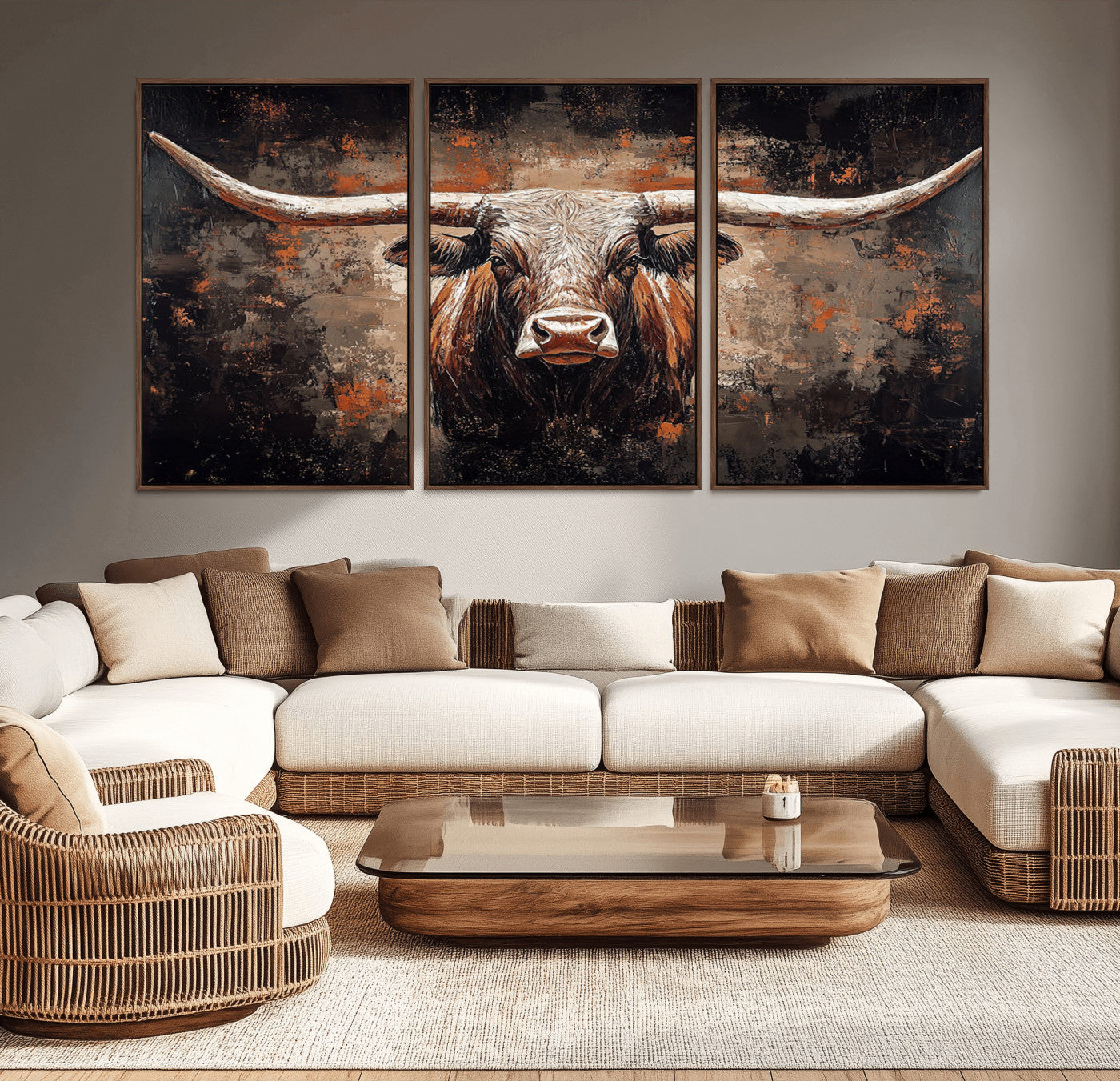 24779067-MGV-CV-36X24-Longhorn Bull Wall Art – Western Rustic Canvas Print, Bold Cowboy Cattle Painting for Ranch House, Farmhouse, Office, or Living
