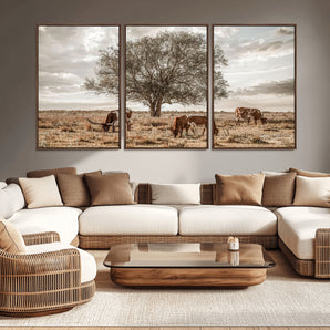 87590224-MGV-CV-36X24-Longhorn Cattle Wall Art – Rustic Western Landscape Canvas Print, Texas Farmhouse Prairie Scene for Living Room, Office, or Ranch