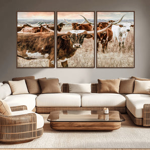 47758300-MGV-CV-36X24-Texas Longhorn Cattle Wall Art – Rustic Western Herd Canvas Print, Cowboy Ranch Farmhouse Decor for Living Room, Office, or