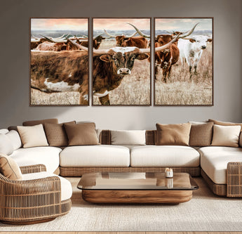 47758300-MGV-CV-36X24-Texas Longhorn Cattle Wall Art – Rustic Western Herd Canvas Print, Cowboy Ranch Farmhouse Decor for Living Room, Office, or