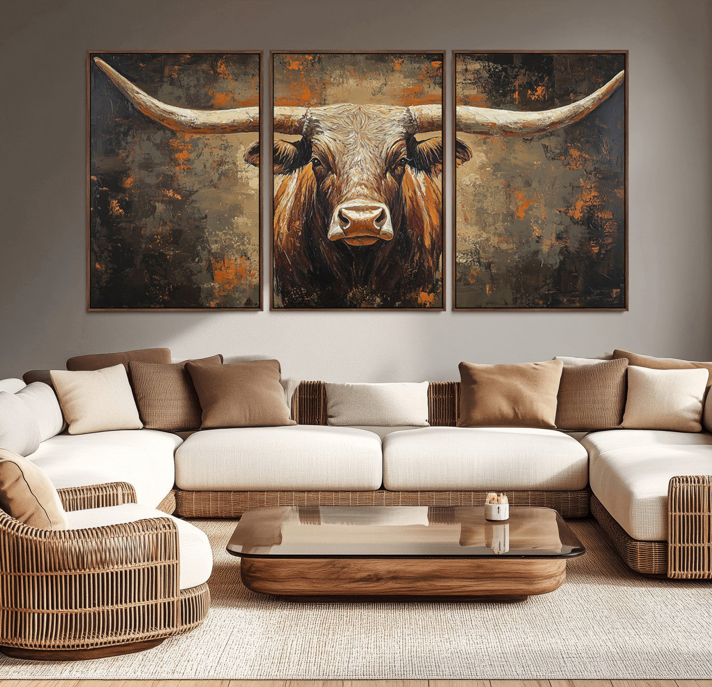 19204445-MGV-CV-36X24-Texas Longhorn Bull Wall Art – Rustic Western Canvas Print, Bold Cowboy Cattle Painting for Ranch House, Farmhouse, Office, or