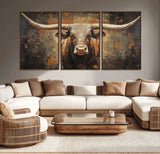 19204445-MGV-CV-36X24-Texas Longhorn Bull Wall Art – Rustic Western Canvas Print, Bold Cowboy Cattle Painting for Ranch House, Farmhouse, Office, or