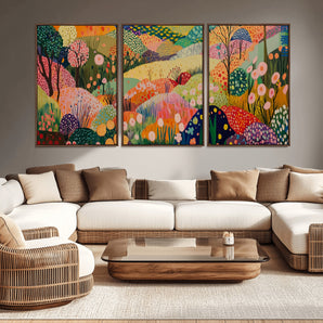 79636380-MGV-CV-36X24-Colorful Abstract Landscape Wall Art – Vibrant Hills and Flowers Canvas Print, Modern Whimsical Artwork for Living Room, Bedroom,