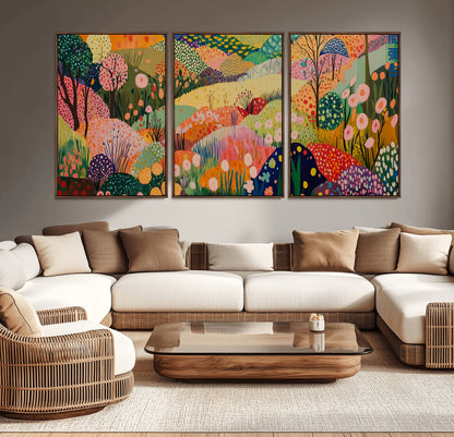 79636380-MGV-CV-36X24-Colorful Abstract Landscape Wall Art – Vibrant Hills and Flowers Canvas Print, Modern Whimsical Artwork for Living Room, Bedroom,