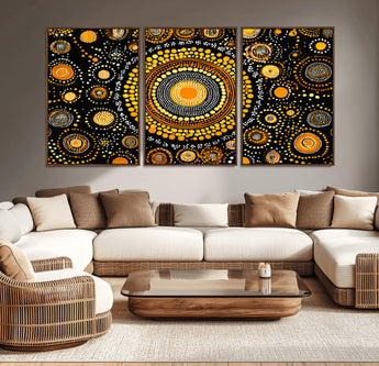 45478523-MGV-CV-36X24-Abstract Circle Wall Art – Bold Black and Gold Dot Painting Canvas Print, Modern Geometric Mandala Style Decor for Living Room or