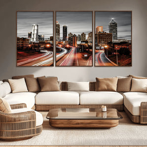 59097239-MGV-CV-36X24-City Skyline Wall Art – Modern Black and White Night Canvas Print with Red Light Trails, Urban Landscape Decor for Living Room or