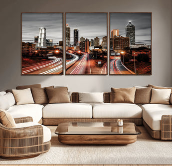 59097239-MGV-CV-36X24-City Skyline Wall Art – Modern Black and White Night Canvas Print with Red Light Trails, Urban Landscape Decor for Living Room or
