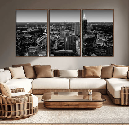 46578567-MGV-CV-36X24-Atlanta Skyline Wall Art – Black and White Cityscape Canvas Print, Modern Urban Night Decor for Office, Living Room, or Apartment