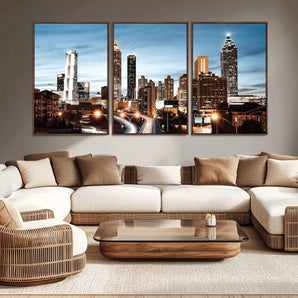 23859158-MGV-CV-36X24-Atlanta Skyline Wall Art – Modern Cityscape Canvas Print with Night Lights and Traffic Trails, Urban Decor for Office, Apartment,