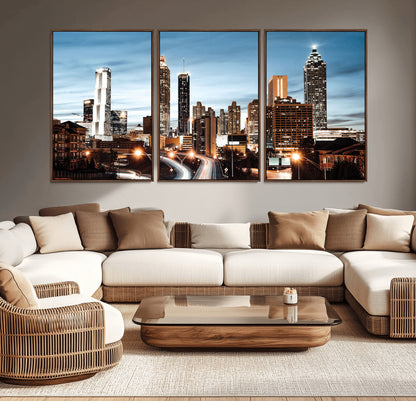 23859158-MGV-CV-36X24-Atlanta Skyline Wall Art – Modern Cityscape Canvas Print with Night Lights and Traffic Trails, Urban Decor for Office, Apartment,