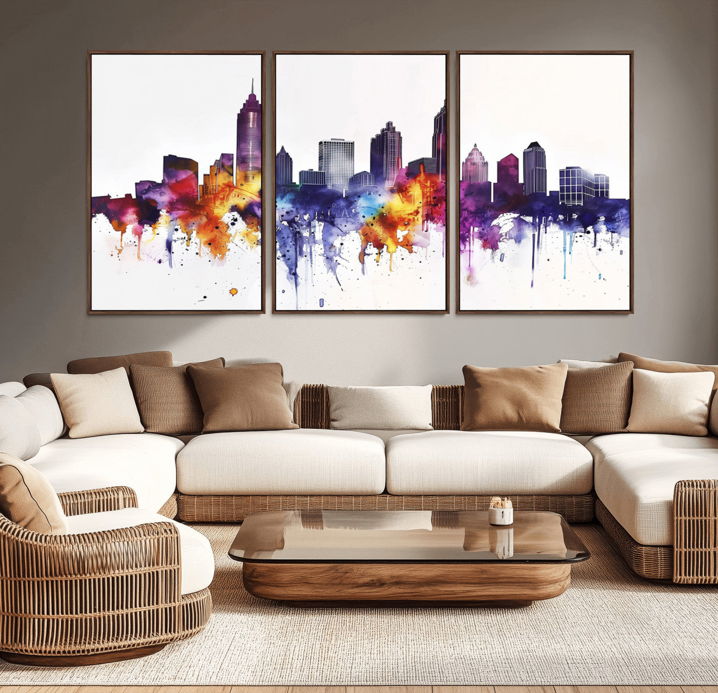 34479880-MGV-CV-36X24-Atlanta Skyline Wall Art – Colorful Watercolor Cityscape Canvas Print, Modern Abstract Urban Decor for Apartment, Living Room, or