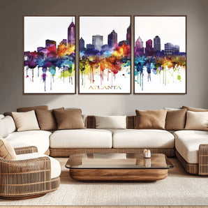 36048320-MGV-CV-36X24-Atlanta Skyline Wall Art – Colorful Watercolor Cityscape Canvas Print with Text, Modern Abstract Urban Decor for Apartment or