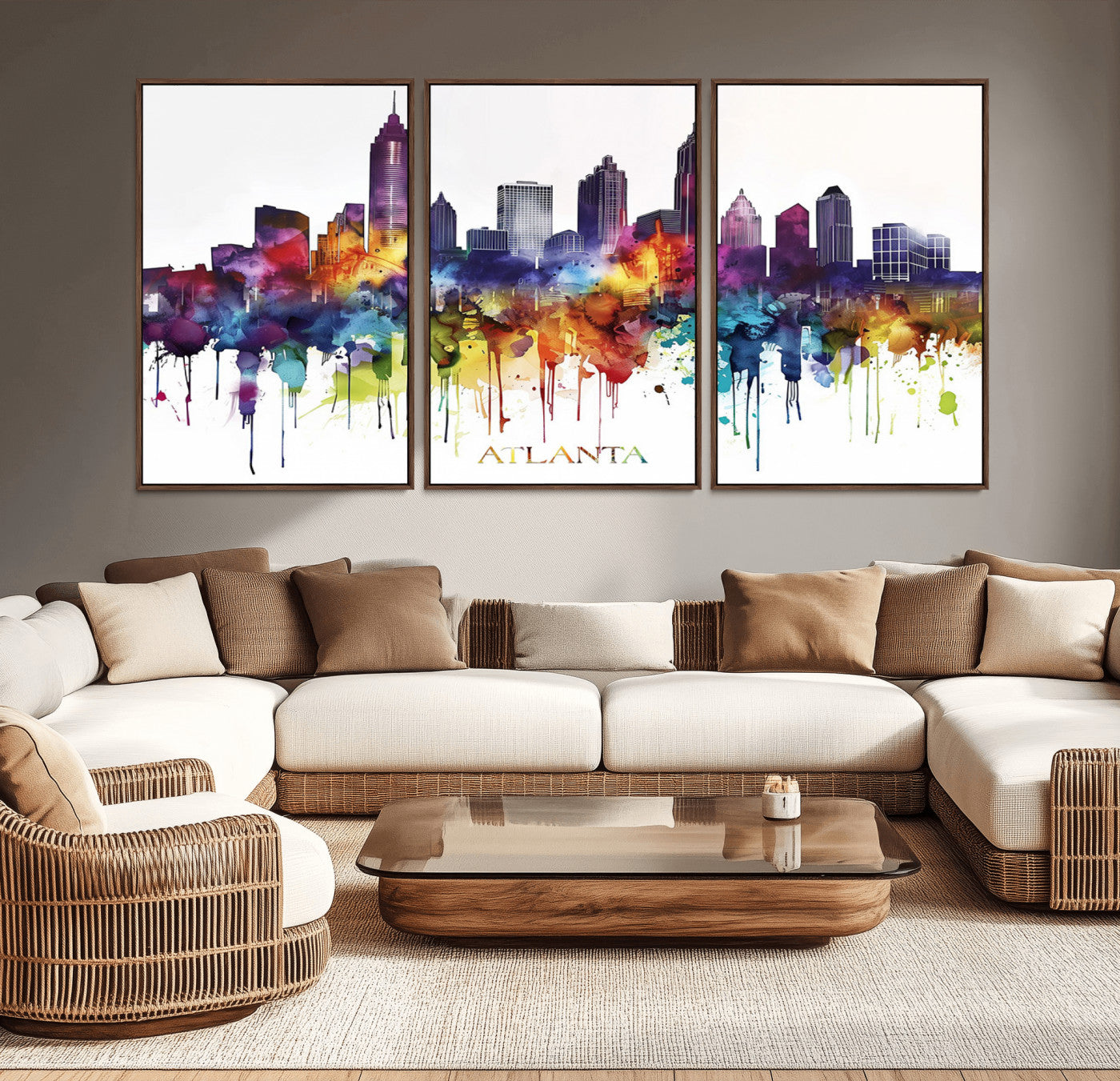 36048320-MGV-CV-36X24-Atlanta Skyline Wall Art – Colorful Watercolor Cityscape Canvas Print with Text, Modern Abstract Urban Decor for Apartment or