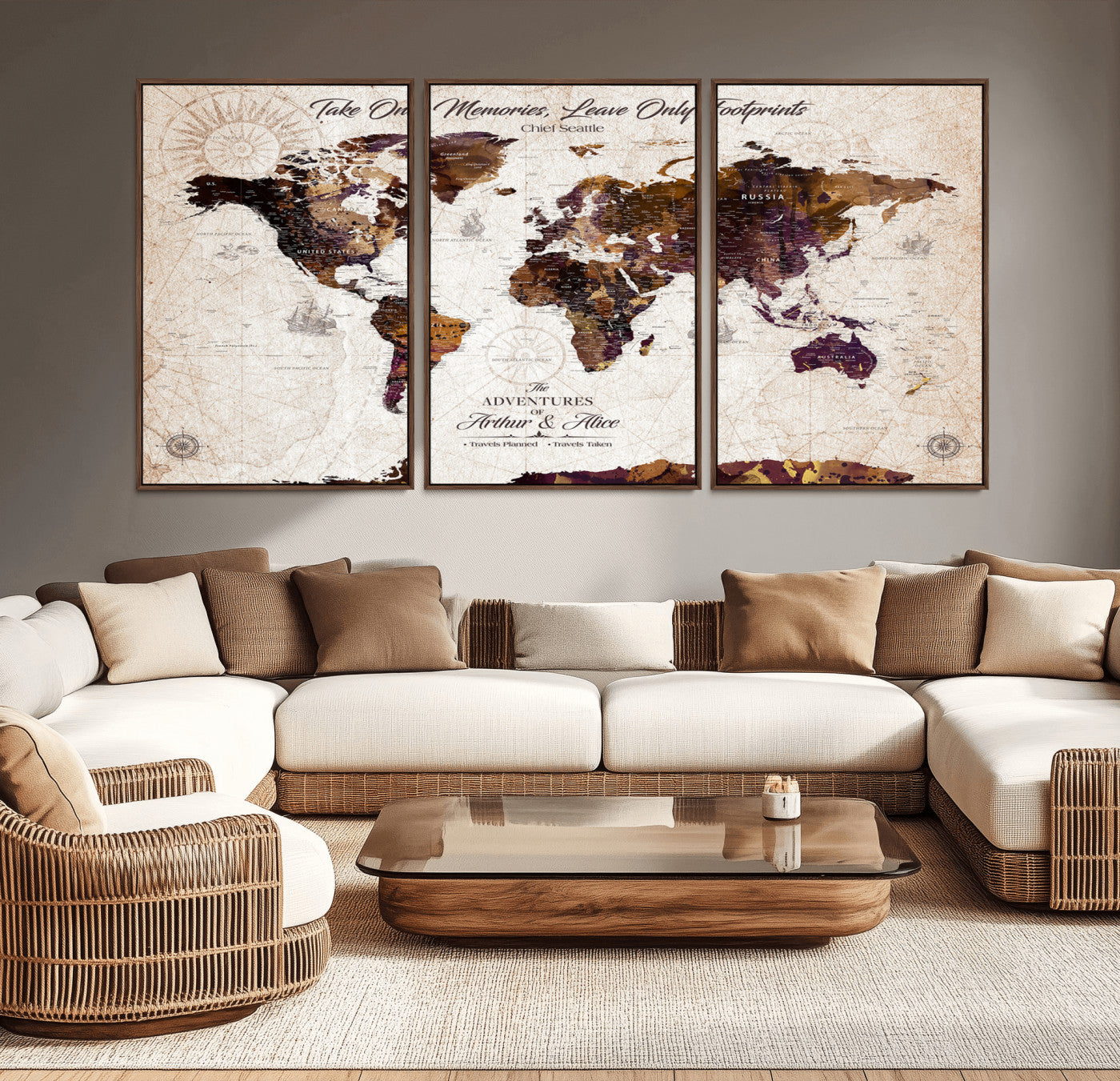 64869039-MGV-CV-36X24-Rustic World Map Wall Art – Vintage Adventure Travel Canvas Print, Earth Tone Decor with Inspirational Quote for Office, Living