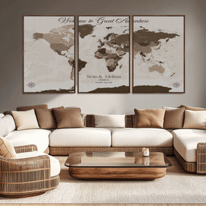 49871705-MGV-CV-36X24-Welcome to Great Adventure World Map Wall Art – Vintage Sepia Travel Canvas Print, Rustic Explorer Decor for Living Room, Bedroom