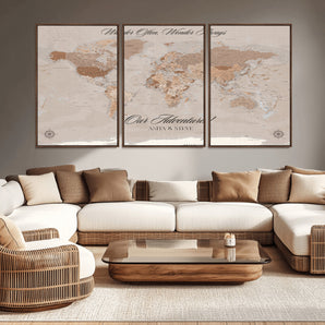 95243244-MGV-CV-36X24-Wander Often Wonder Always World Map Wall Art – Neutral Beige Adventure Canvas Print, Rustic Boho Travel Decor for Bedroom, Living