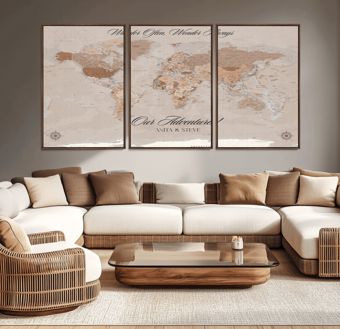 95243244-MGV-CV-36X24-Wander Often Wonder Always World Map Wall Art – Neutral Beige Adventure Canvas Print, Rustic Boho Travel Decor for Bedroom, Living