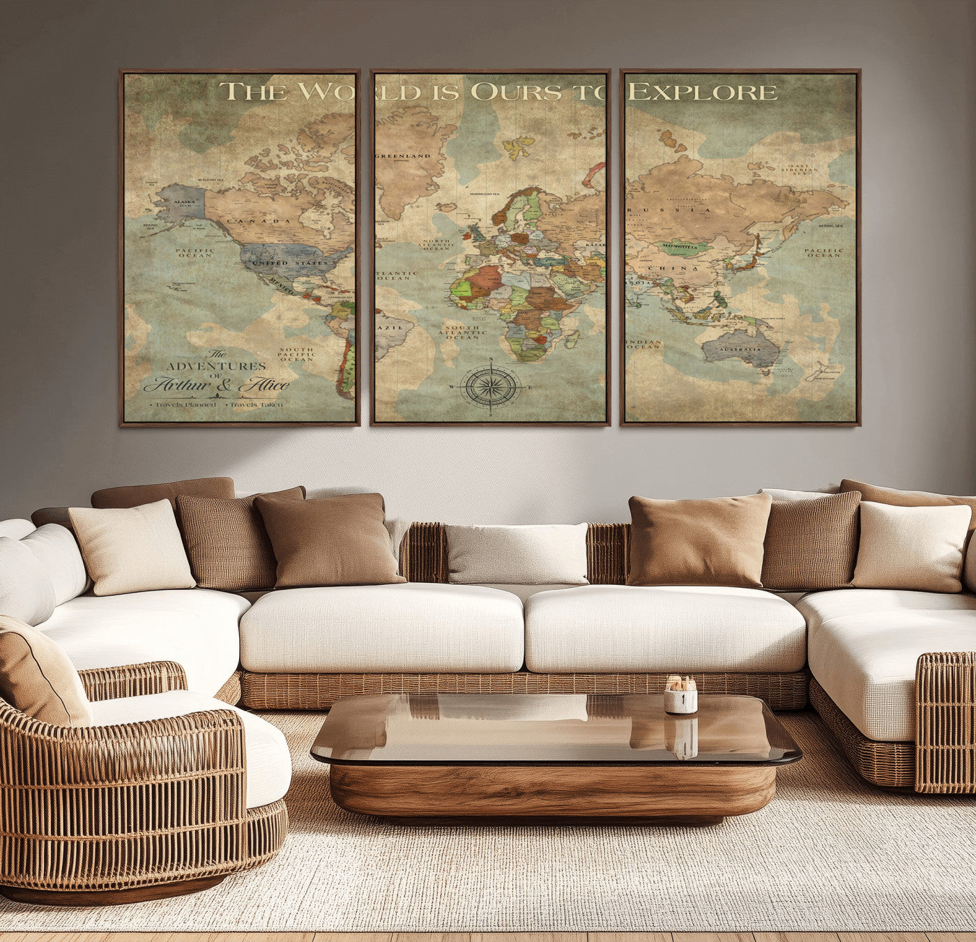 26433151-MGV-CV-36X24-The World is Ours to Explore Vintage Map Wall Art – Rustic Travel Canvas Print, Antique Style Adventure Decor for Study, Library,