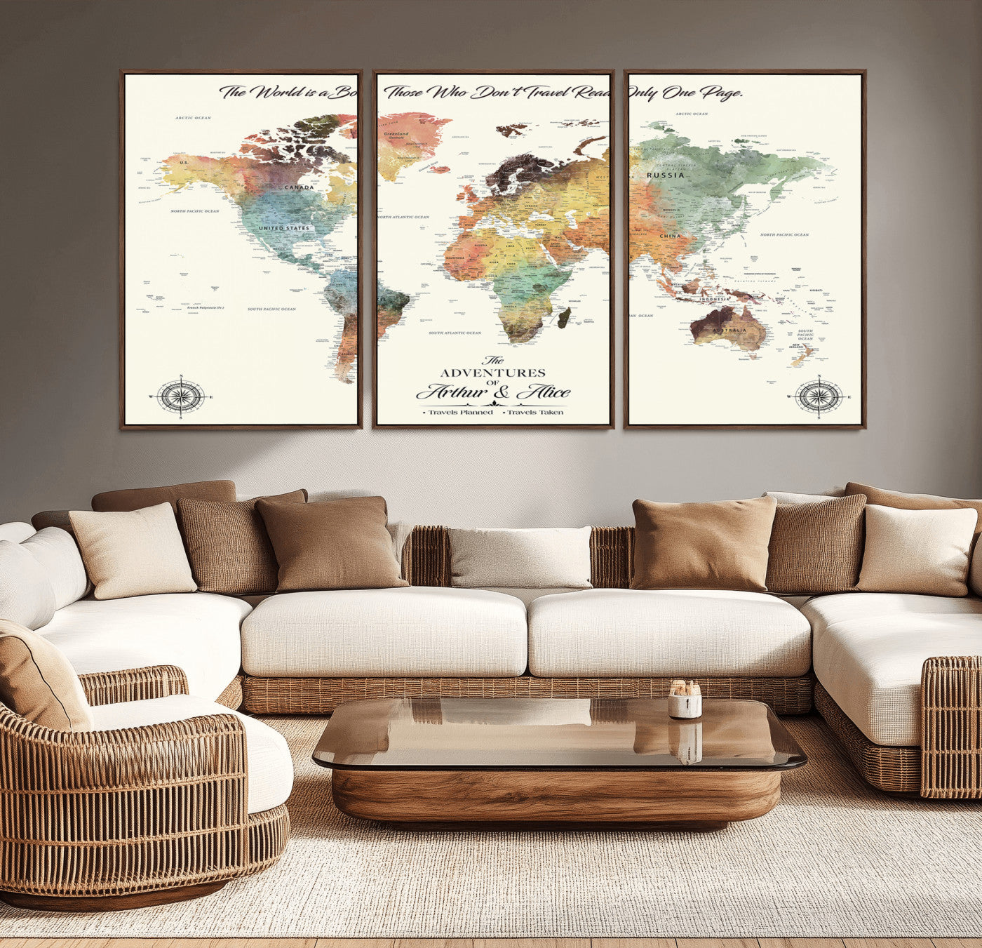 40183091-MGV-CV-36X24-Watercolor Pastel World Map Wall Art – Adventure Travel Canvas Print, Inspirational Quote Map Decor for Living Room, Office,