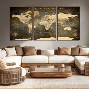 99276334-MGV-CV-36X24-Vintage Sepia World Map Wall Art – Antique Travel Adventure Canvas Print, Rustic Explorer Map Artwork, Classic Wanderlust Decor