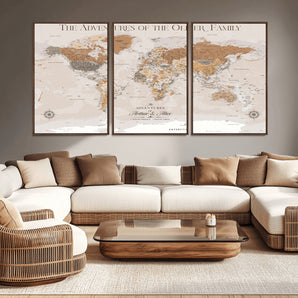 26237940-MGV-CV-36X24-Neutral Earth Tone World Map Wall Art – Modern Travel Adventure Canvas Print, Warm Beige Explorer Map Artwork, Minimalist