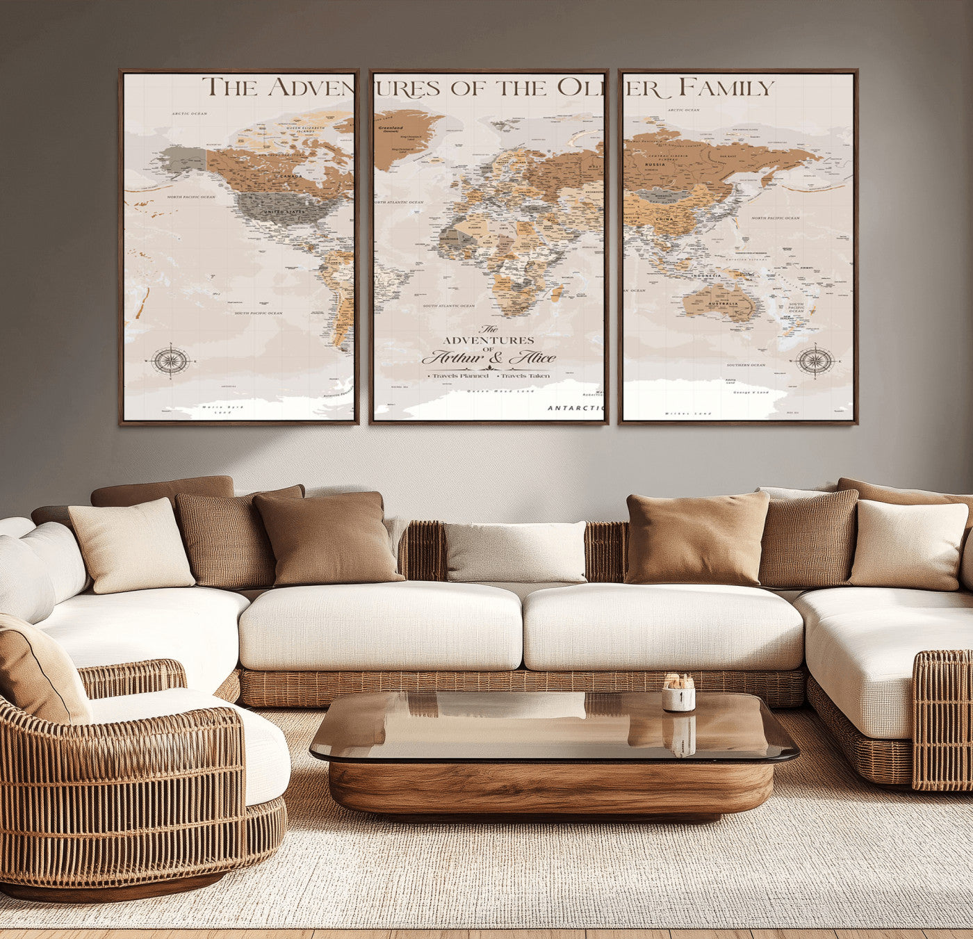 26237940-MGV-CV-36X24-Neutral Earth Tone World Map Wall Art – Modern Travel Adventure Canvas Print, Warm Beige Explorer Map Artwork, Minimalist