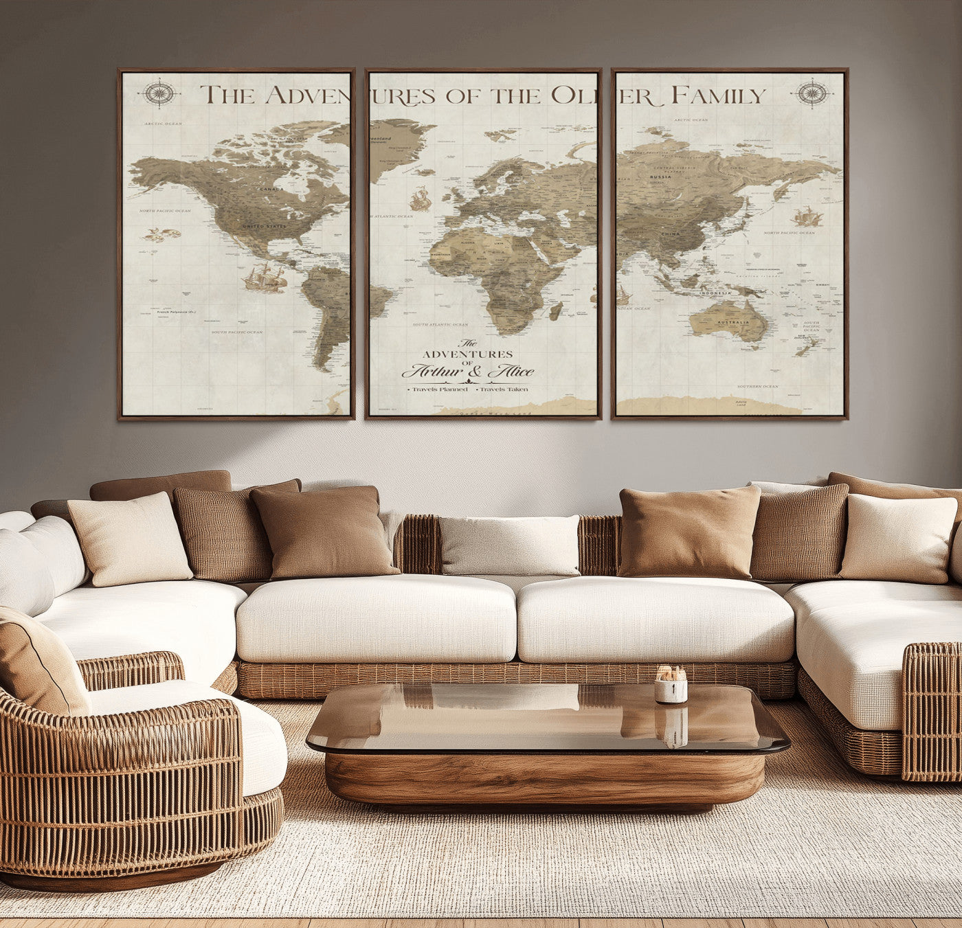 69115613-MGV-CV-36X24-Neutral Vintage World Map Wall Art – Elegant Parchment Style Adventure Canvas Print, Classic Travel Decor, Timeless Explorer