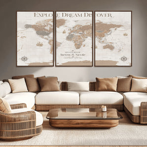 63516865-MGV-CV-36X24-Explore Dream Discover World Map Wall Art – Inspirational Travel Adventure Canvas Print, Neutral Parchment Style Explorer Decor