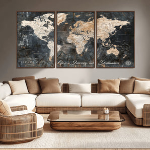 37848568-MGV-CV-36X24-Life is a Journey Not a Destination World Map Rustic Wood Texture Vintage Beige Navy Adventure Wall Art Canvas Print for Home