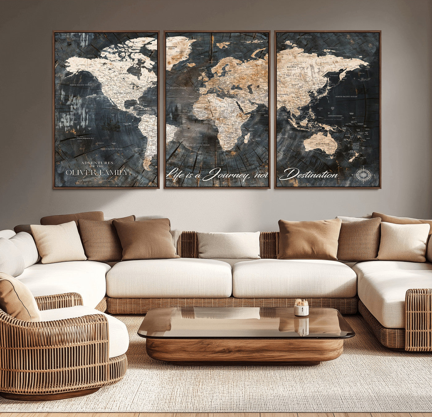 37848568-MGV-CV-36X24-Life is a Journey Not a Destination World Map Rustic Wood Texture Vintage Beige Navy Adventure Wall Art Canvas Print for Home