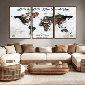 88337180-MGV-CV-36X24-Little by Little One Travels Far Tolkien Quote World Map Rustic Black Brown Adventure Wall Art Canvas Print for Home Office Living